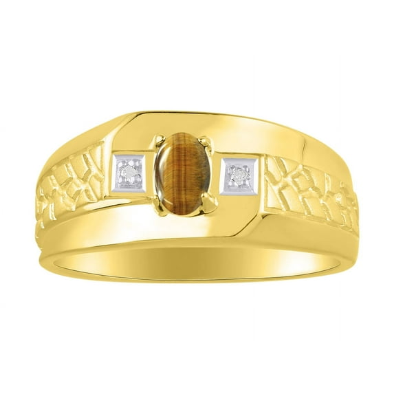 RYLOS Men's Rings Yellow Gold Plated Silver Classic Nugget 6X4MM Oval Gemstone & Diamond Ring Tiger Eye November Birthstone Ring Size 12