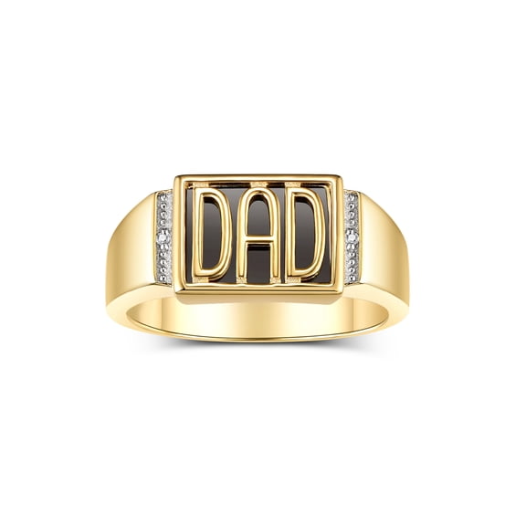 RYLOS Men's Rings Yellow Gold Plated Silver DAD Ring With Diamonds and Black Onyx; Rings For Men Designer Mens Jewelry Size 10