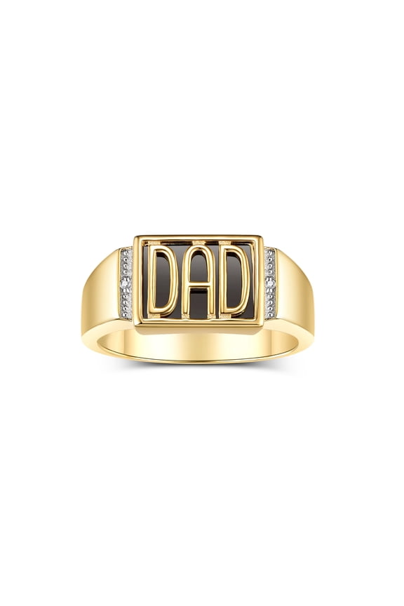 Men's Rings Yellow Gold Plated Silver DAD Ring With Diamonds and Black Onyx; Rings For Men Designer Mens Jewelry Size 10