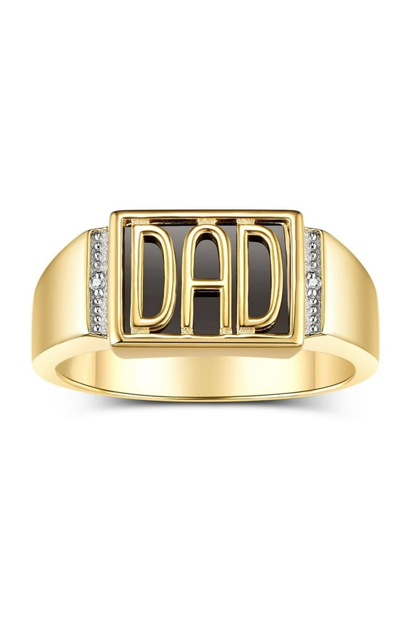 Men's Rings Yellow Gold Plated Silver DAD Ring With Diamonds and Black Onyx; Rings For Men Designer Mens Jewelry Size 8