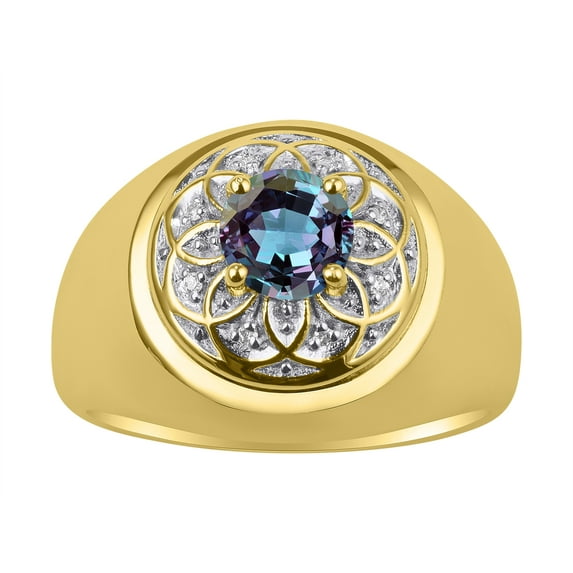 RYLOS Men's Rings Yellow Gold Plated Silver Designer Gypsy 7MM Round Gemstone & Diamond Ring Alexandrite June Size 11
