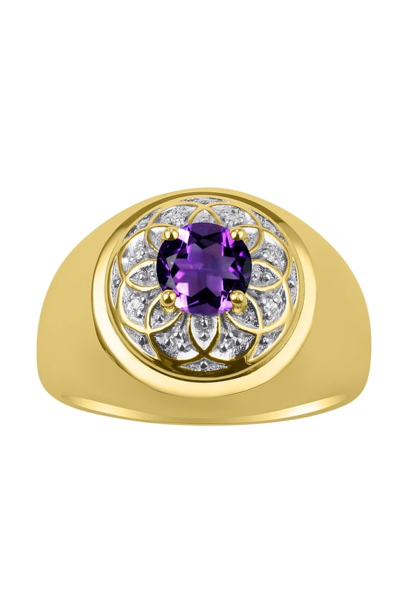 Men's Rings Yellow Gold Plated Silver Designer Gypsy 7MM Round Gemstone & Diamond Ring Amethyst February Size 9