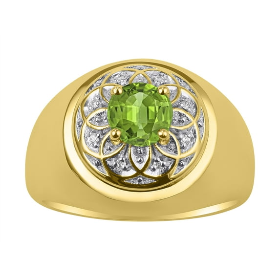 RYLOS Men's Rings Yellow Gold Plated Silver Designer Gypsy 7MM Round Gemstone & Diamond Ring Peridot August Size 9