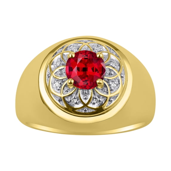 RYLOS Men's Rings Yellow Gold Plated Silver Designer Gypsy 7MM Round Gemstone & Diamond Ring Ruby July Birthstone Size 11