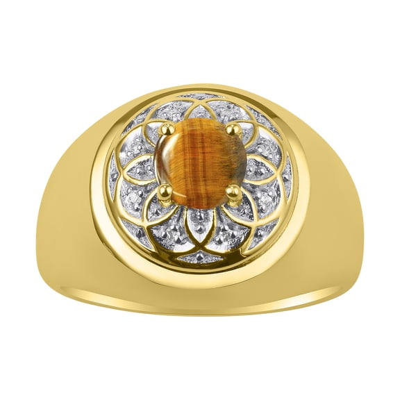 RYLOS Men's Rings Yellow Gold Plated Silver Designer Gypsy 7MM Round Gemstone & Diamond Ring Tiger Eye November  Size 13