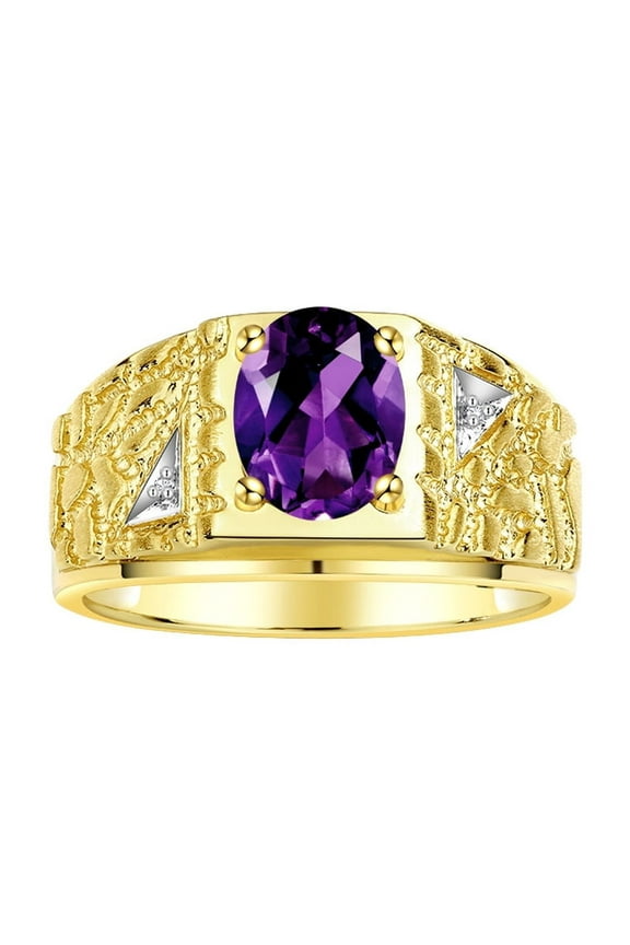 Men's Rings Yellow Gold Plated Silver Designer Nugget Ring Oval 9X7MM Gemstone & Diamonds Amethyst Birthstone Rings For Man Size 11