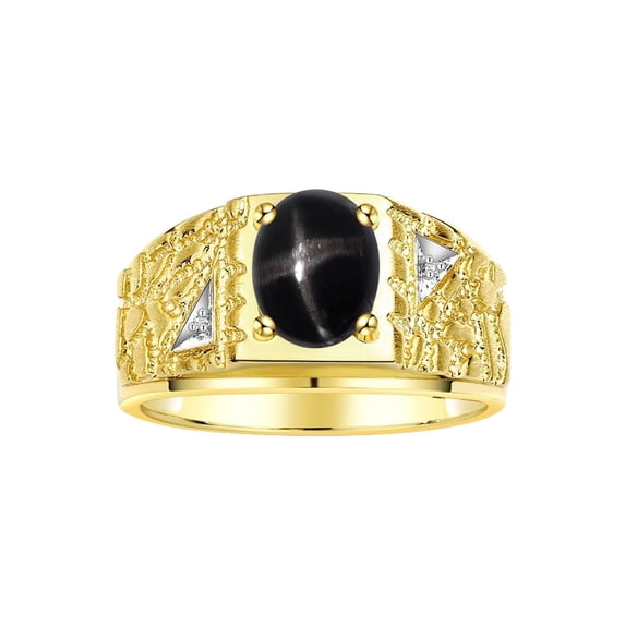 RYLOS Men's Rings Yellow Gold Plated Silver Designer Nugget Ring Oval 9X7MM Gemstone & Diamonds Black Star Sapphire Birthstone Rings For Man Size 8