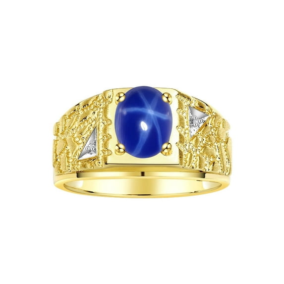RYLOS Men's Rings Yellow Gold Plated Silver Designer Nugget Ring Oval 9X7MM Gemstone & Diamonds Blue Star Sapphire Birthstone Rings For Man Size 13