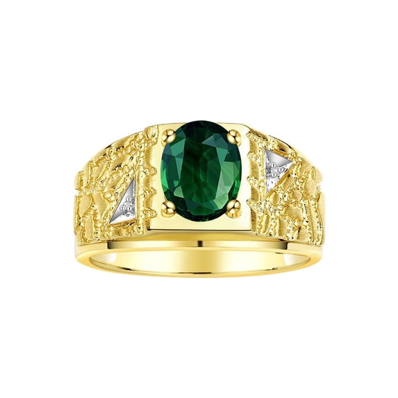 RYLOS Men's Rings Yellow Gold Plated Silver Designer Nugget Ring Oval 9X7MM Gemstone & Diamonds Green Sapphire Birthstone Rings For Man Size 13