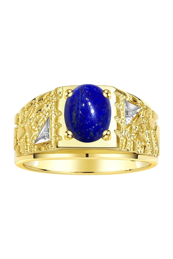Men's Rings Yellow Gold Plated Silver Designer Nugget Ring Oval 9X7MM Gemstone & Diamonds Lapis Lazuli Birthstone Rings For Man Size 12