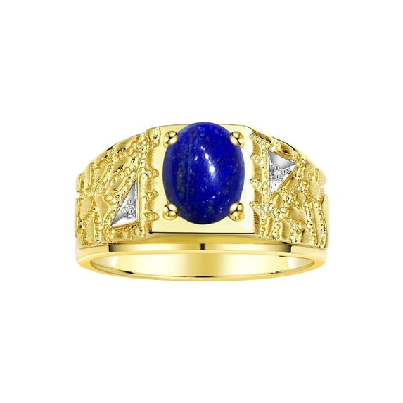 RYLOS Men's Rings Yellow Gold Plated Silver Designer Nugget Ring Oval 9X7MM Gemstone & Diamonds Lapis Lazuli Birthstone Rings For Man Size 9