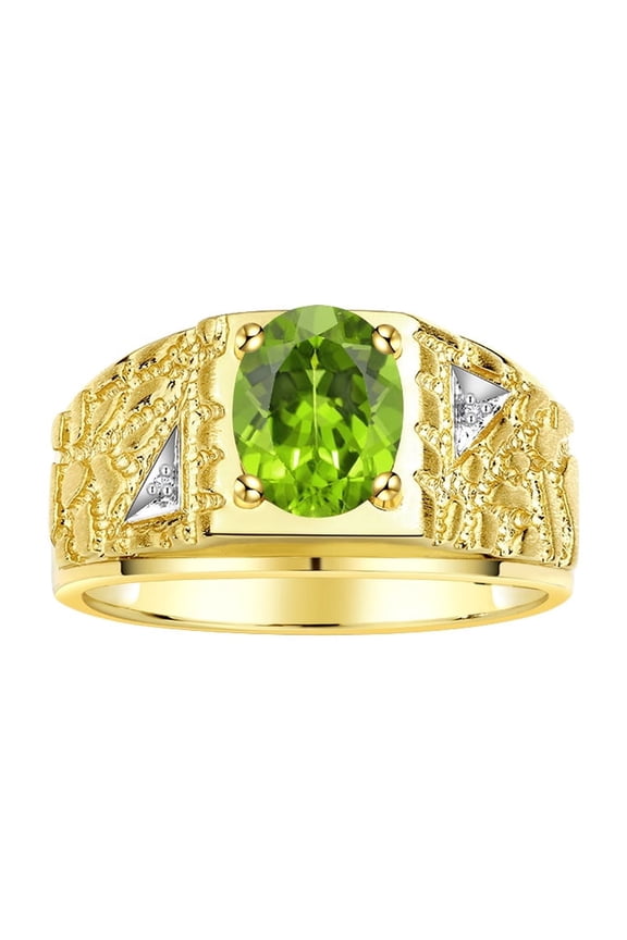 Men's Rings Yellow Gold Plated Silver Designer Nugget Ring Oval 9X7MM Gemstone & Diamonds Peridot Birthstone Rings For Man Size 11