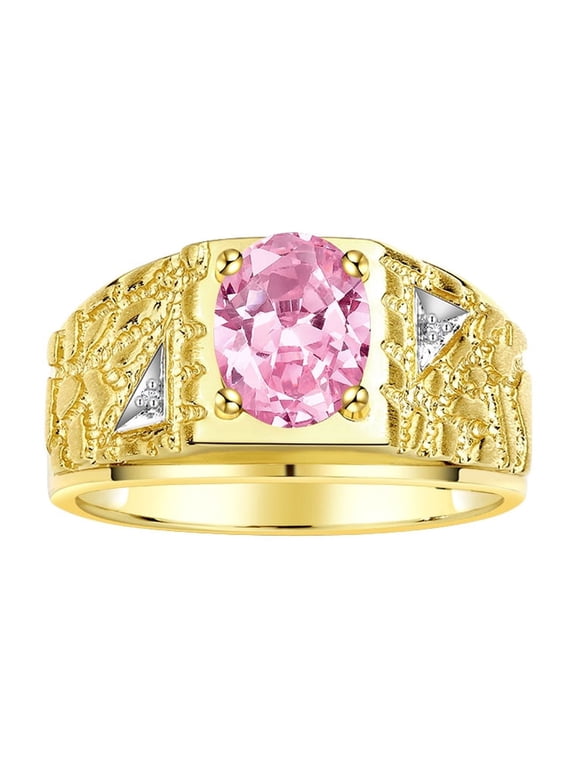 Men's Rings Yellow Gold Plated Silver Designer Nugget Ring Oval 9X7MM Gemstone & Diamonds Pink Ice Birthstone Rings For Man Size 12