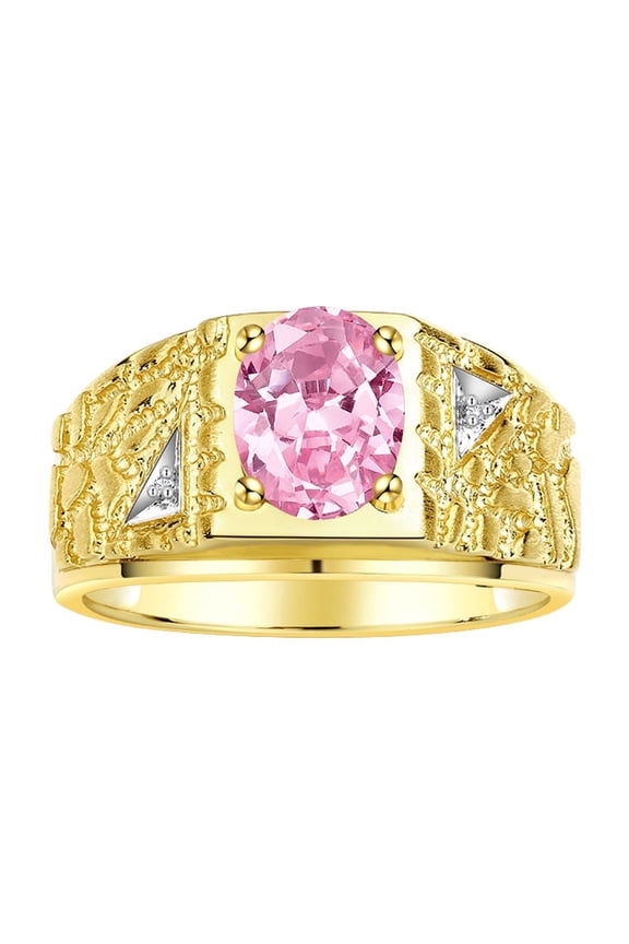 Men's Rings Yellow Gold Plated Silver Designer Nugget Ring Oval 9X7MM Gemstone & Diamonds Pink Ice Birthstone Rings For Man Size 9