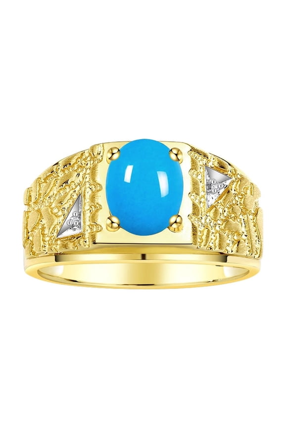 Men's Rings Yellow Gold Plated Silver Designer Nugget Ring Oval 9X7MM Gemstone &  Diamonds  Turquoise Birthstone Rings For Man Size 8