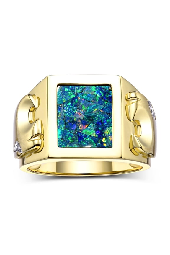 Men's Rings Yellow Gold Plated Silver Designer Ring Tiger Head On Both Sides Diamond in the Eyes and Mosaic Opal Rings For Men Size 8