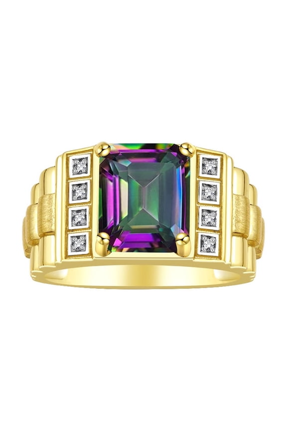 Men's Rings Yellow Gold Plated Silver Designer Style 10X8MM Emerald Cut Shape Gemstone &  Diamonds Alexandrite June Birthstone Rings For Men Size 12