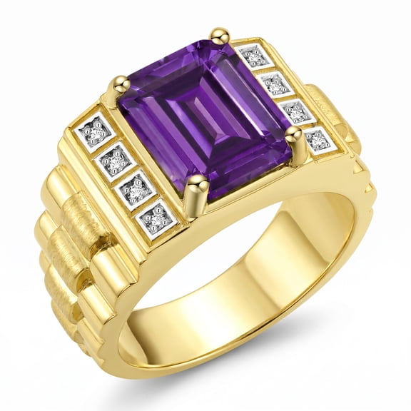 RYLOS Men's Rings Yellow Gold Plated Silver Designer Style 10X8MM Emerald Cut Shape Gemstone & Diamonds Amethyst February Birthstone Rings For Men Size 8