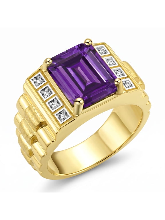 Men's Rings Yellow Gold Plated Silver Designer Style 10X8MM Emerald Cut Shape Gemstone & Diamonds Amethyst February Birthstone Rings For Men Size 8
