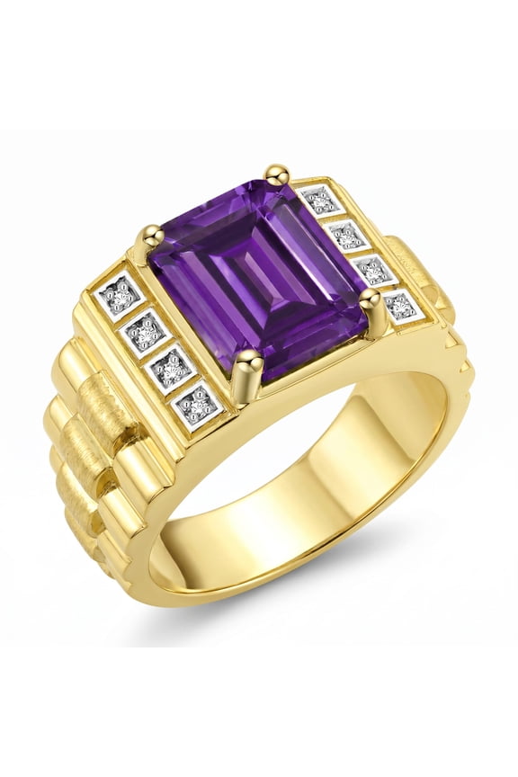 Men's Rings Yellow Gold Plated Silver Designer Style 10X8MM Emerald Cut Shape Gemstone & Diamonds Amethyst February Birthstone Rings For Men Size 8