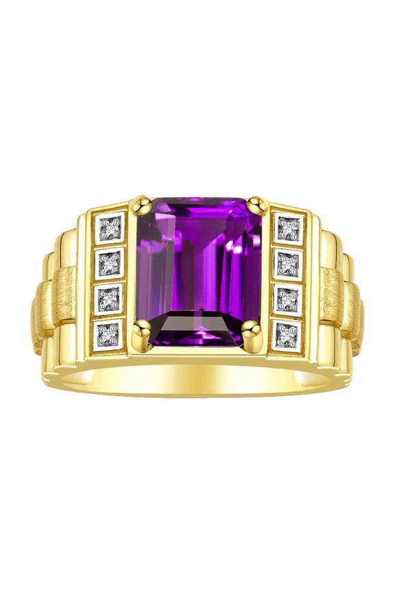 Men's Rings Yellow Gold Plated Silver Designer Style 10X8MM Emerald Cut Shape Gemstone & Diamonds Amethyst February Birthstone Rings For Men Size 8