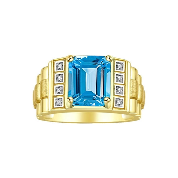 RYLOS Men's Rings Yellow Gold Plated Silver Designer Style 10X8MM Emerald Cut Shape Gemstone & Diamonds Blue Topaz December Birthstone Rings For Men Size 11