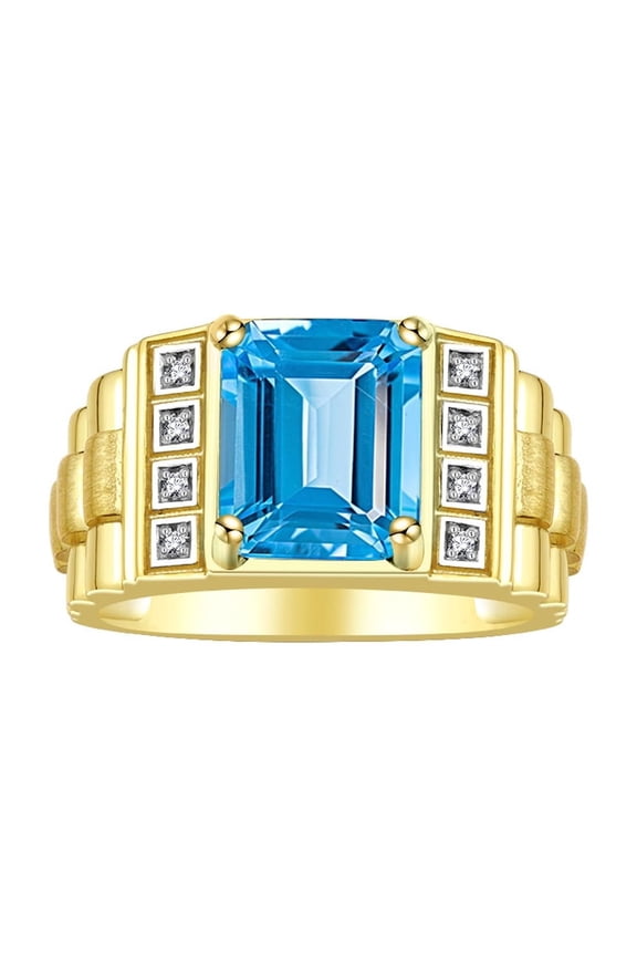 Men's Rings Yellow Gold Plated Silver Designer Style 10X8MM Emerald Cut Shape Gemstone & Diamonds Blue Topaz December Birthstone Rings For Men Size 13