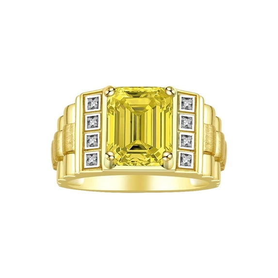 RYLOS Men's Rings Yellow Gold Plated Silver Designer Style 10X8MM Emerald Cut Shape Gemstone & Diamonds Citrine November Birthstone Rings For Men Size 9
