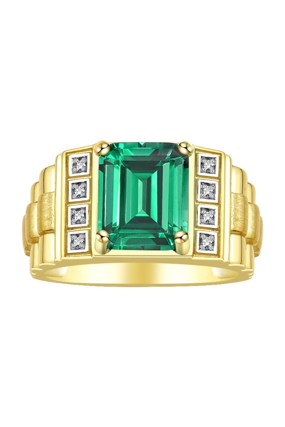 Men's Rings Yellow Gold Plated Silver Designer Style 10X8MM Emerald Cut Shape Gemstone & Diamonds Emerald May Birthstone Rings For Men Size 13