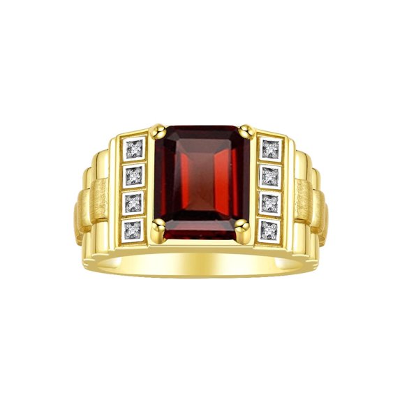 RYLOS Men's Rings Yellow Gold Plated Silver Designer Style 10X8MM Emerald Cut Shape Gemstone &  Diamonds Garnet January Birthstone Rings For Men Size 9