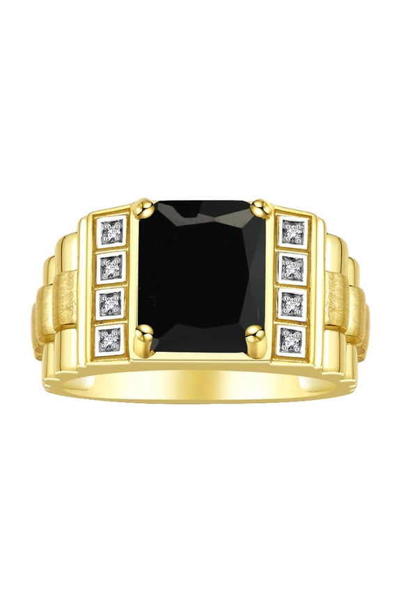 Men's Rings Yellow Gold Plated Silver Designer Style 10X8MM Emerald Cut Shape Gemstone &  Diamonds Onyx October Birthstone Rings For Men Size 9