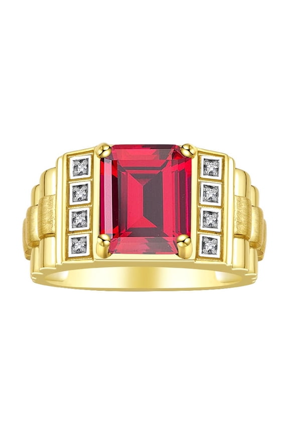 Men's Rings Yellow Gold Plated Silver Designer Style 10X8MM Emerald Cut Shape Gemstone & Diamonds Ruby July Birthstone Rings For Men Size 11