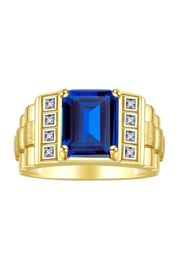 Men's Rings Yellow Gold Plated Silver Designer Style 10X8MM Emerald Cut Shape Gemstone & Diamonds Sapphire September Birthstone Rings For Men Size 9