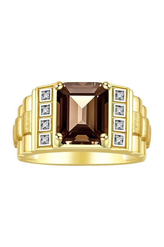 Men's Rings Yellow Gold Plated Silver Designer Style 10X8MM Emerald Cut Shape Gemstone & Diamonds Smoky Quartz June Birthstone Rings For Men Size 13