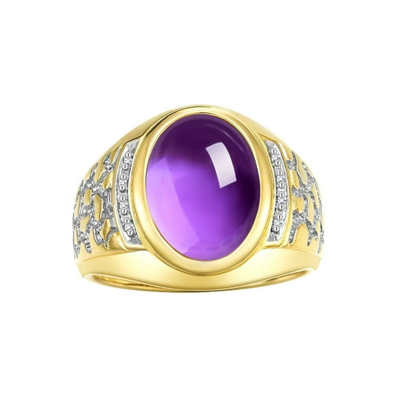 RYLOS Men's Rings Yellow Gold Plated Silver Nugget Ring with Cabochon Gemstone & Diamonds Amethyst Rings For Men Size 8
