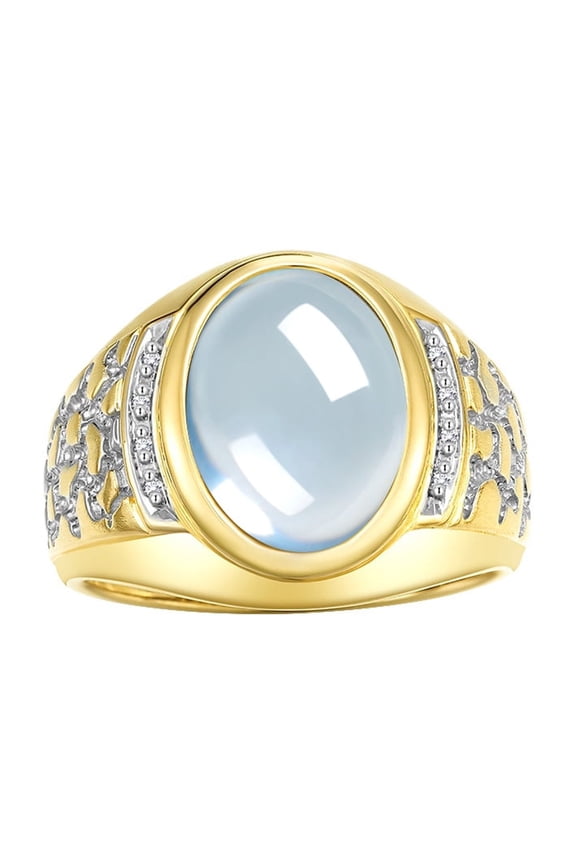 Men's Rings Yellow Gold Plated Silver Nugget Ring with Cabochon Gemstone & Diamonds Aquamarine Rings For Men Size 10