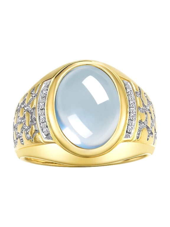 Men's Rings Yellow Gold Plated Silver Nugget Ring with Cabochon Gemstone & Diamonds Aquamarine Rings For Men Size 11