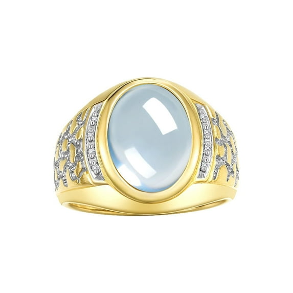 RYLOS Men's Rings Yellow Gold Plated Silver Nugget Ring with Cabochon Gemstone & Diamonds Aquamarine Rings For Men Size 13
