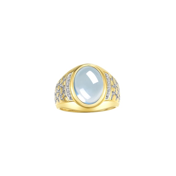 RYLOS Men's Rings Yellow Gold Plated Silver Nugget Ring with Cabochon Gemstone & Diamonds Aquamarine Rings For Men Size 8