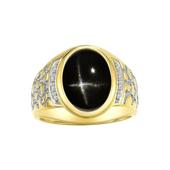 RYLOS Men's Rings Yellow Gold Plated Silver Nugget Ring with Cabochon Gemstone & Diamonds Black Star Sapphire Rings For Men Size 13
