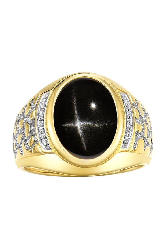 Men's Rings Yellow Gold Plated Silver Nugget Ring with Cabochon Gemstone & Diamonds Black Star Sapphire Rings For Men Size 8