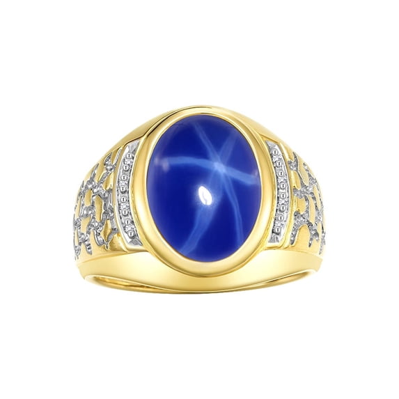 RYLOS Men's Rings Yellow Gold Plated Silver Nugget Ring with Cabochon Gemstone & Diamonds Blue Star Sapphie Rings For Men Size 9