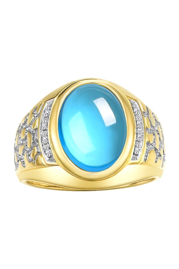 Men's Rings Yellow Gold Plated Silver Nugget Ring with Cabochon Gemstone & Diamonds Blue Topaz Rings For Men Size 13