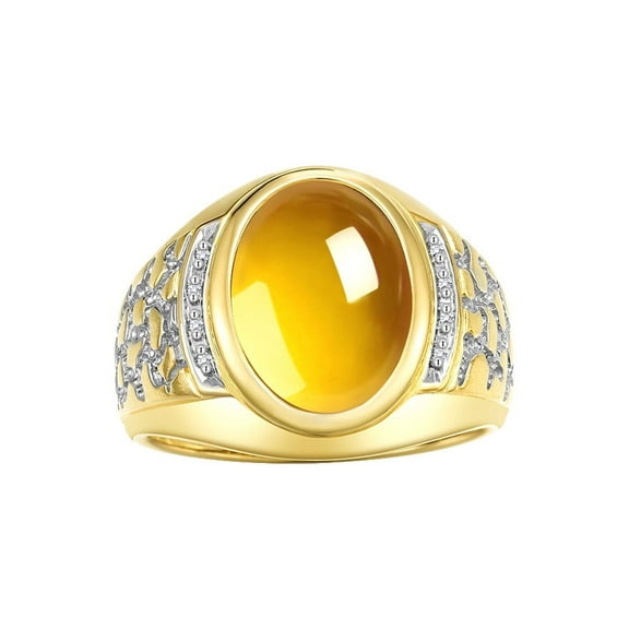RYLOS Men's Rings Yellow Gold Plated Silver Nugget Ring with Cabochon Gemstone & Diamonds Citrine Rings For Men Size 12