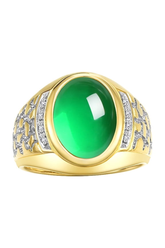 Men's Rings Yellow Gold Plated Silver Nugget Ring with Cabochon Gemstone & Diamonds Emerald Rings For Men Size 10