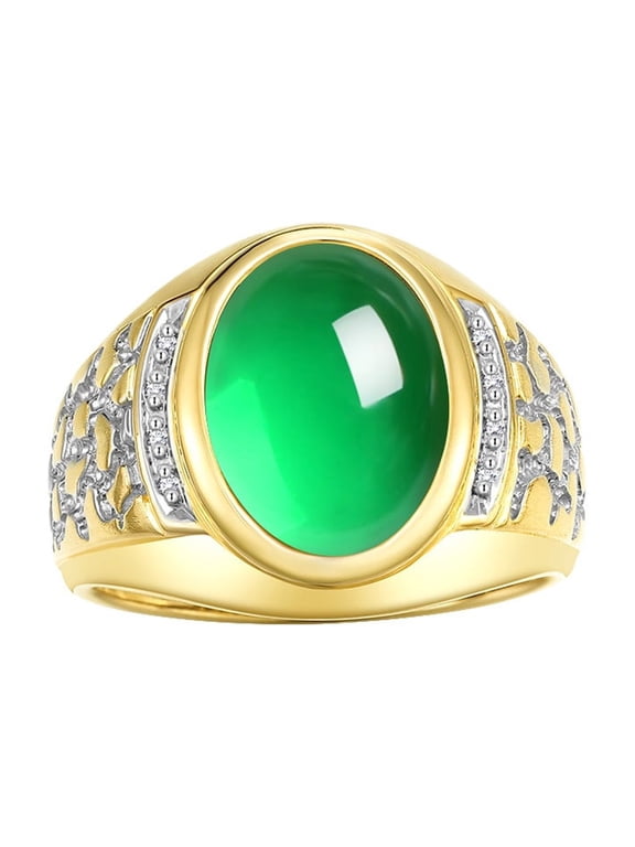 Men's Rings Yellow Gold Plated Silver Nugget Ring with Cabochon Gemstone & Diamonds Emerald Rings For Men Size 10