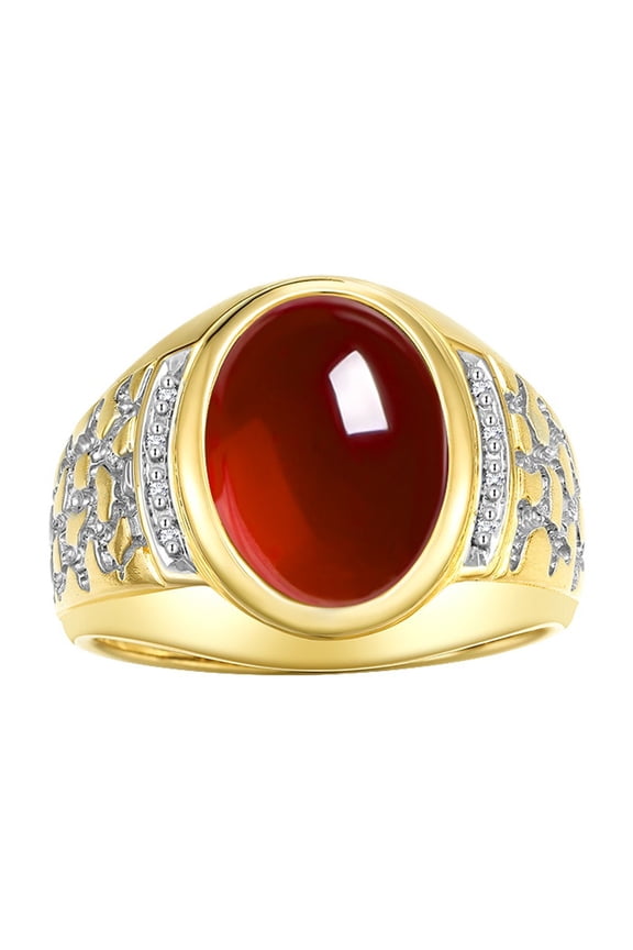 Men's Rings Yellow Gold Plated Silver Nugget Ring with Cabochon Gemstone & Diamonds Garnet Rings For Men Size 10