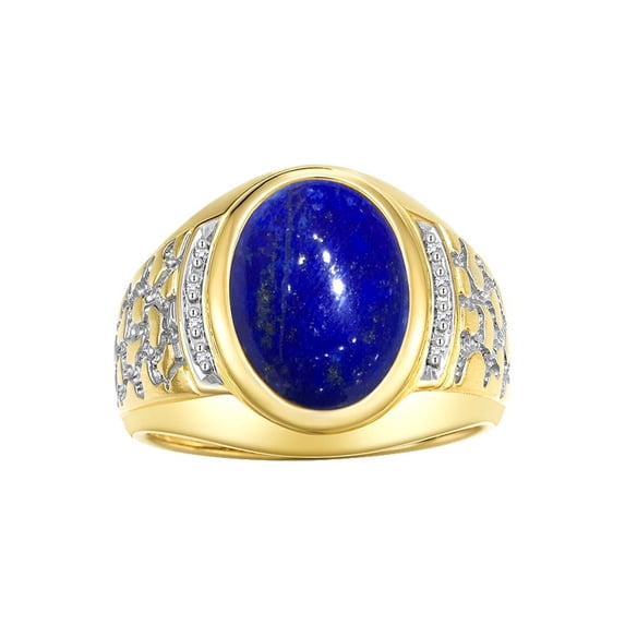 RYLOS Men's Rings Yellow Gold Plated Silver Nugget Ring with Cabochon Gemstone & Diamonds Lapis Rings For Men Size 11