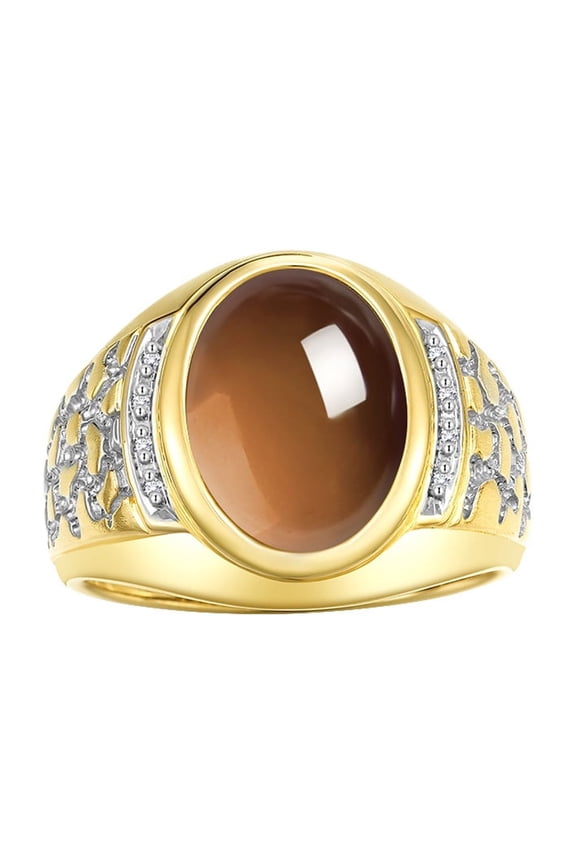 Men's Rings Yellow Gold Plated Silver Nugget Ring with Cabochon Gemstone & Diamonds Smoky Quartz Rings For Men Size 11