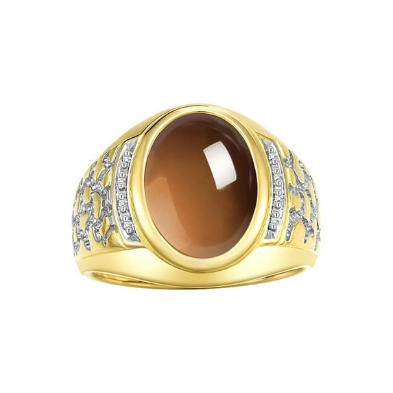RYLOS Men's Rings Yellow Gold Plated Silver Nugget Ring with Cabochon Gemstone & Diamonds Smoky Quartz Rings For Men Size 12